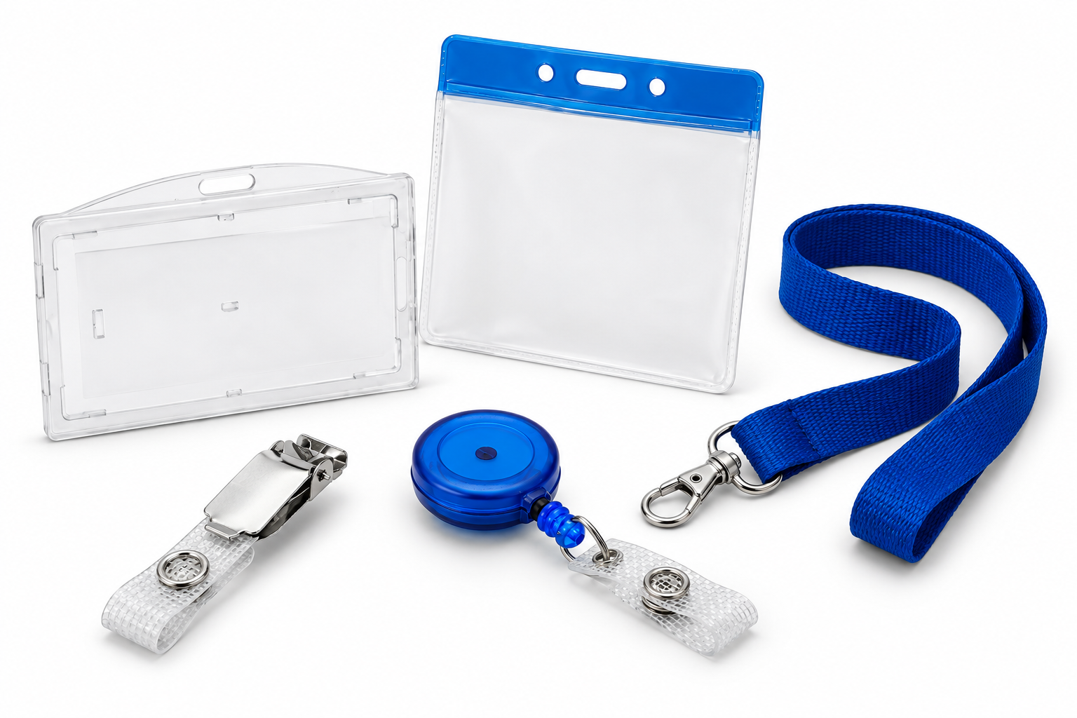 Pochette souple, porte-badge rigide, cordon bleu, clip et enrouleur