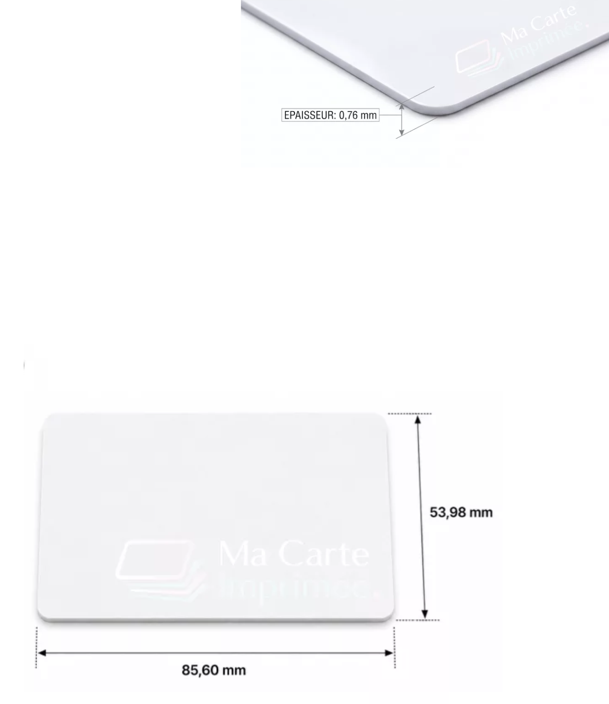 Cartes plastiques au format CR80, échantillons de matériaux et mesure de l’épaisseur
