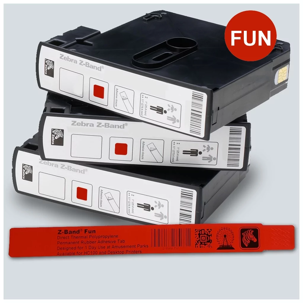 Wristband, Polypropylene, 1x10in 25.4x254mm , Direct thermal, Z-Band Fun, Adhesive closure, Cartridge, 350/roll, 6/box, Red