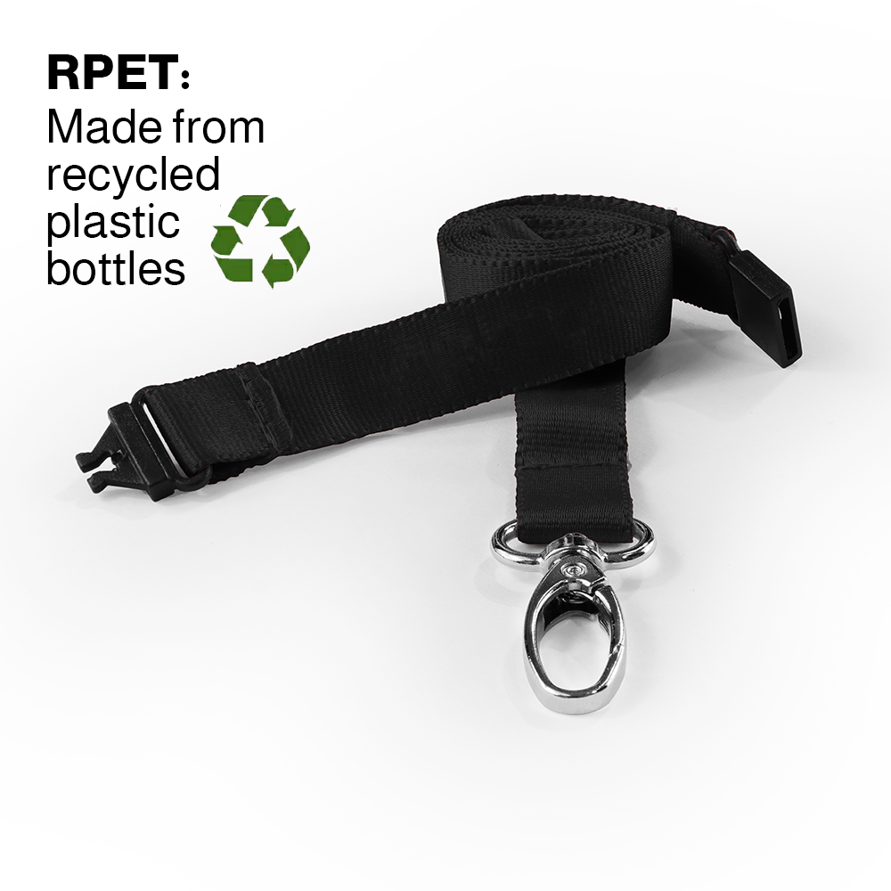 AC222-BK-MLC - Tour de cou Noir Recyclé 15mm Plat avec Clip Métallique - Pack de 100