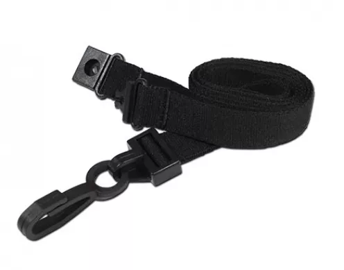 AC222-BK - Tour de cou Noir Recyclé 15mm Plat avec Clip en Plastique en J