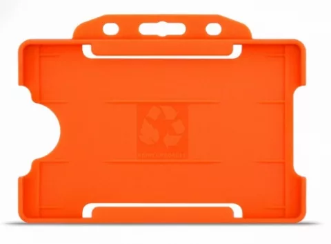 YA302-L-OR - Porte-Badge Rigide Orange Biodégradable Bulldog 86x54 perforation oblongue 2 rondes - 1 FACE